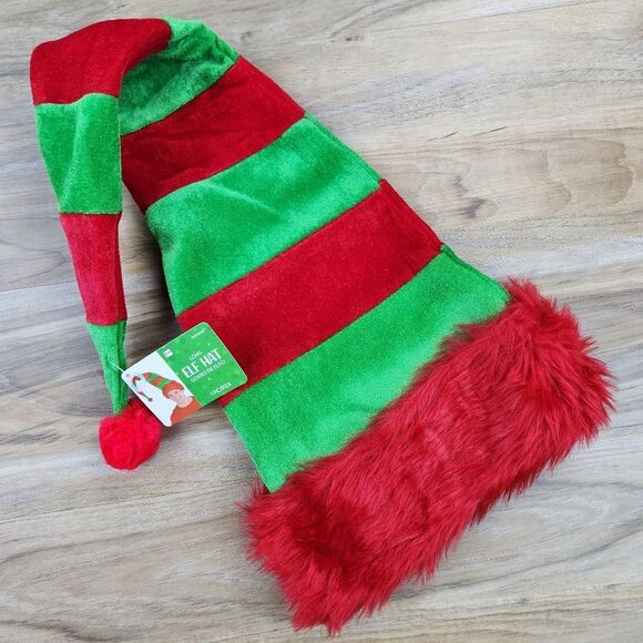 🔹️NWT Red & Green Striped Adjustable Wired Extra Long Elf Hat One Size - Picture 2 of 9